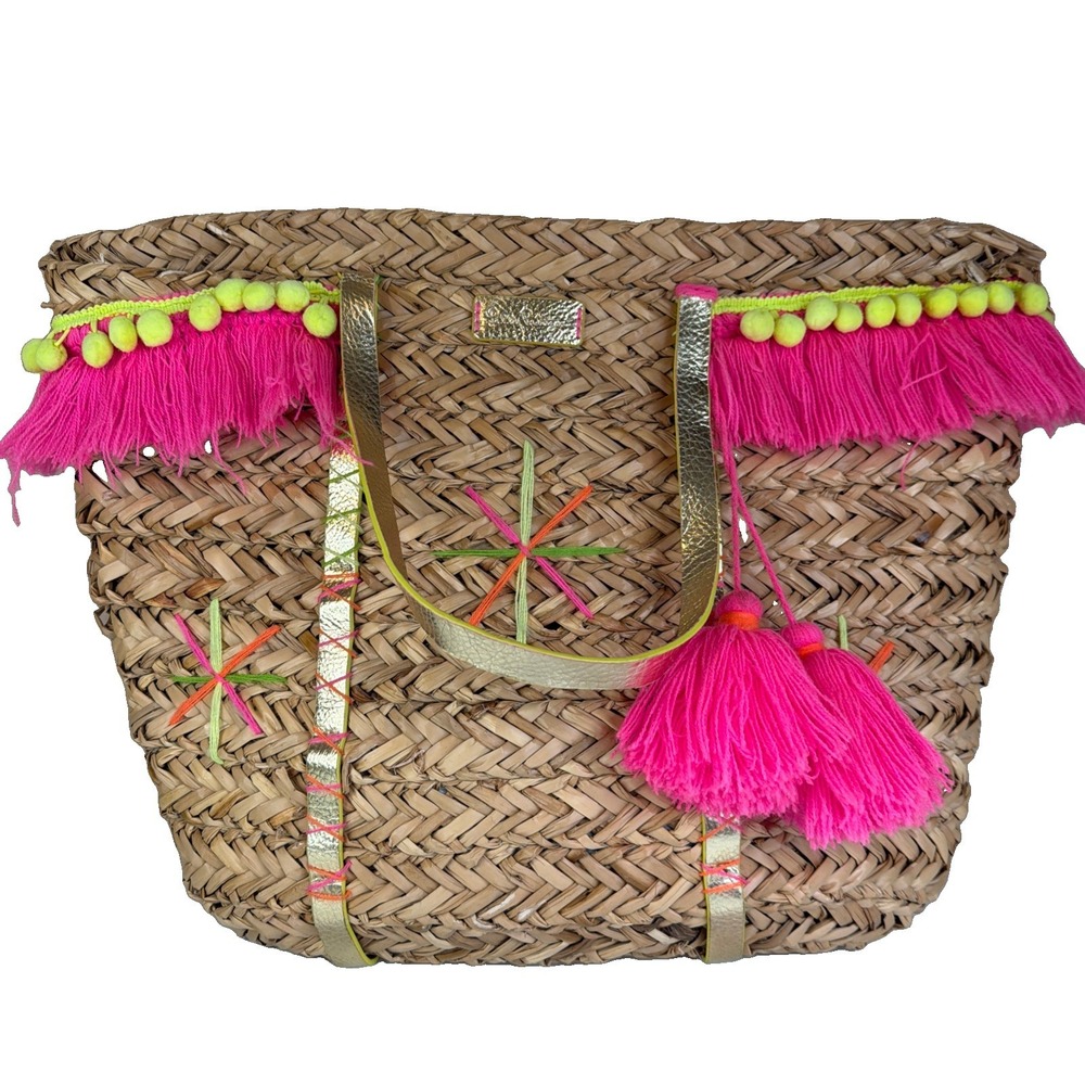 Lilly Pulitzer Large Woven Tote Bag, Gold Double Handles, Tassel Fringe, Open